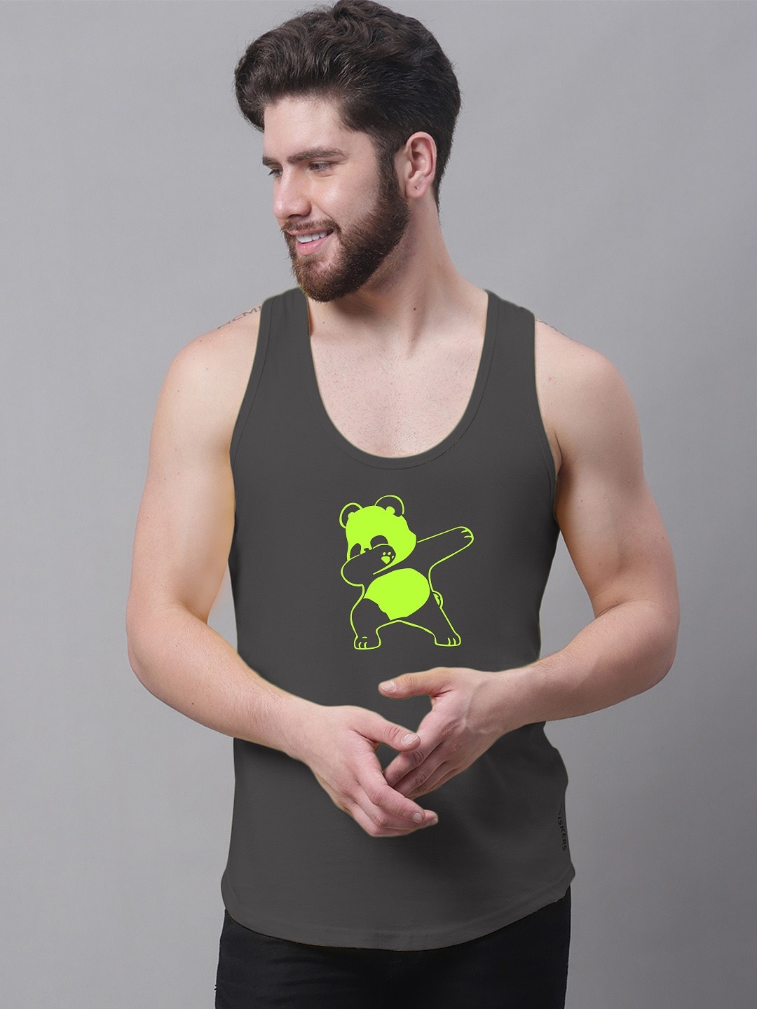 

Friskers Men Graphic Printed Pure Cotton Gym Vest C424-41-S, Grey