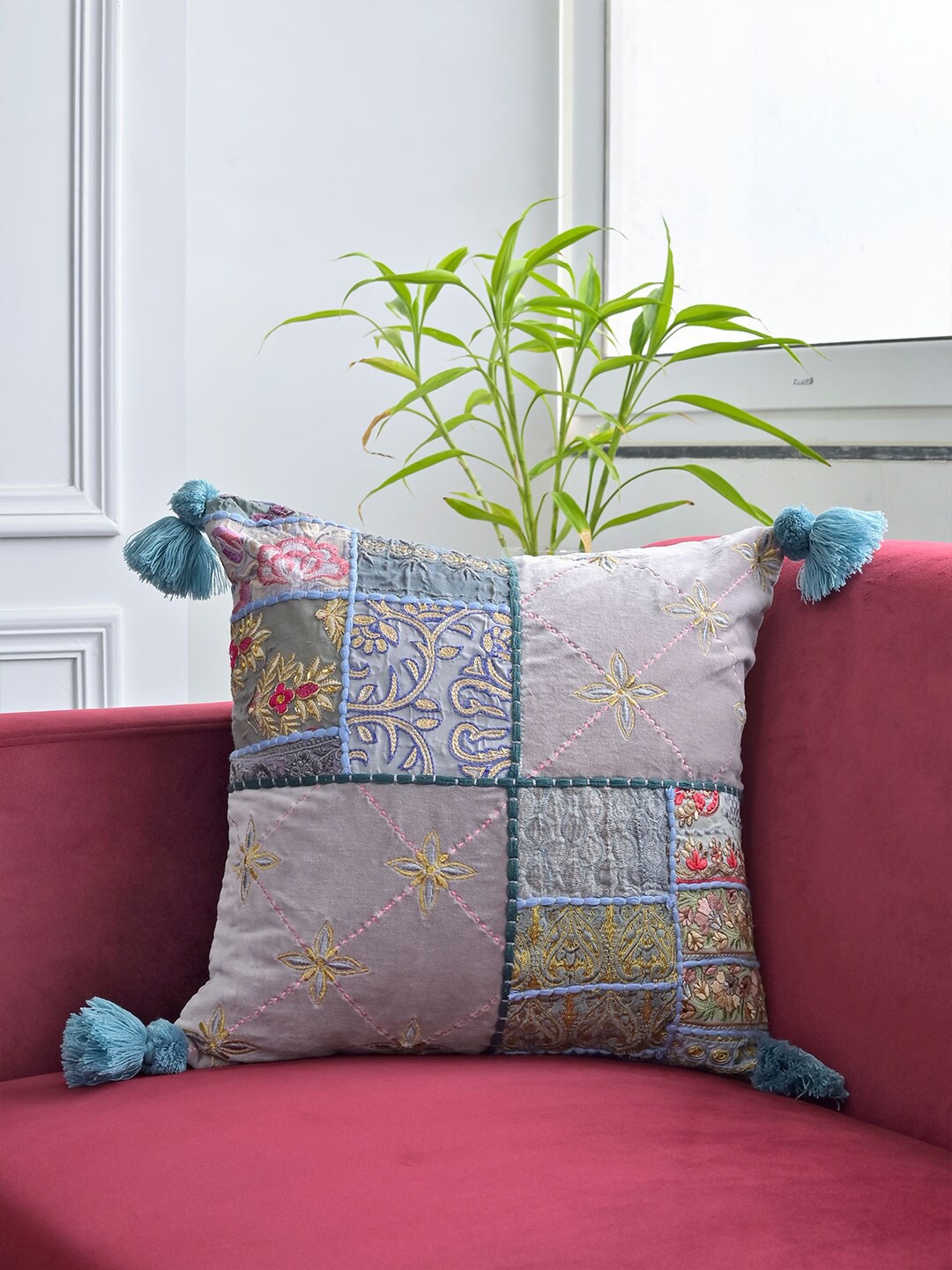 

Tistabene Grey & Blue Embroidered Cotton Square Cushion Cover