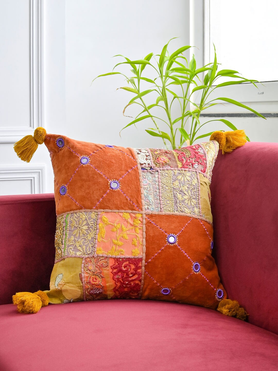 

Tistabene Orange & Yellow Embroidered Cotton Square Cushion Cover