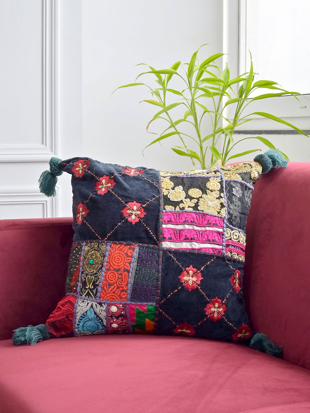 

Tistabene Black & Pink Embroidered Cotton Square Cushion Cover