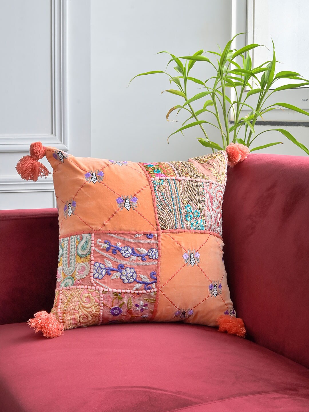 

Tistabene Peach-Coloured & Blue Embroidered Cotton Square Cushion Cover