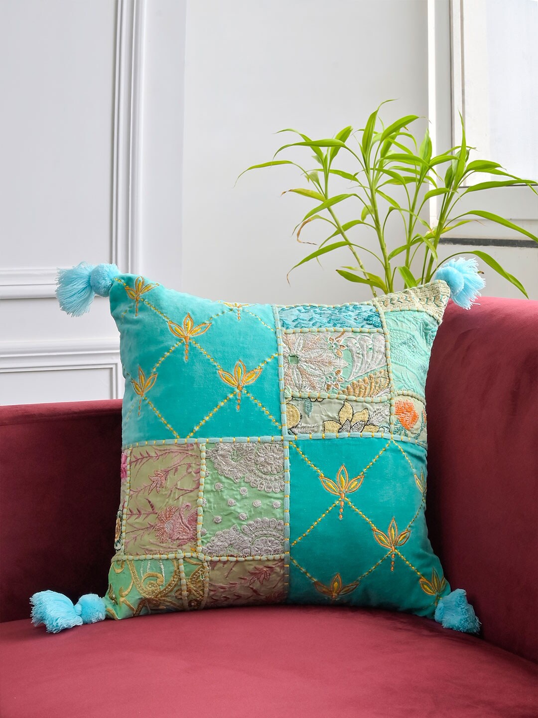 

Tistabene Sea Green & Yellow Embroidered Cotton Square Cushion Cover