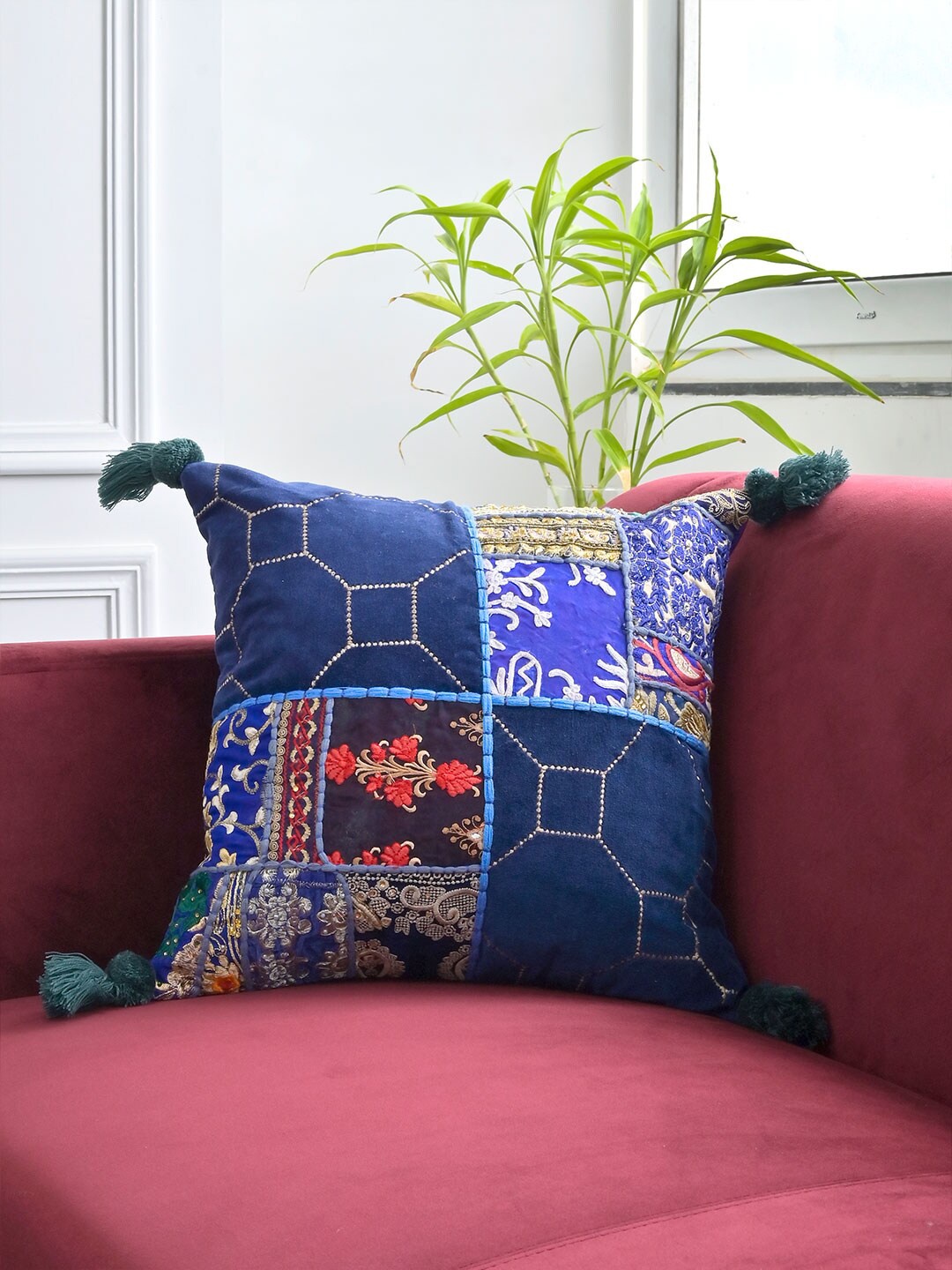 

Tistabene Blue & White Embroidered Cotton Square Cushion Cover