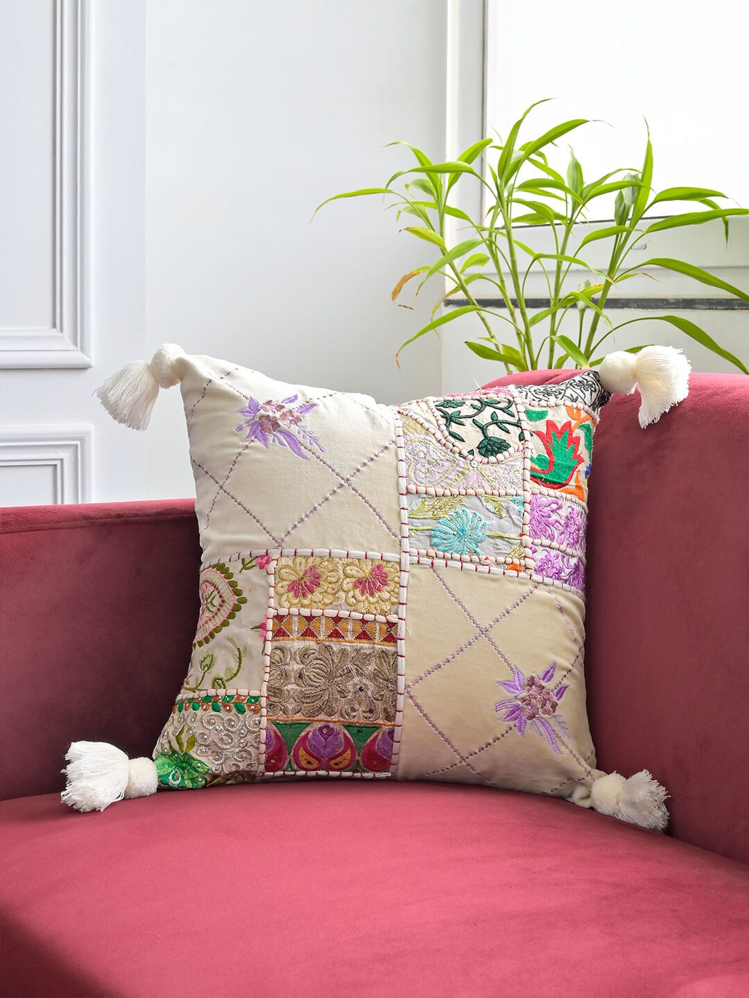 

Tistabene Off White & Purple Embroidered Cotton Square Cushion Cover