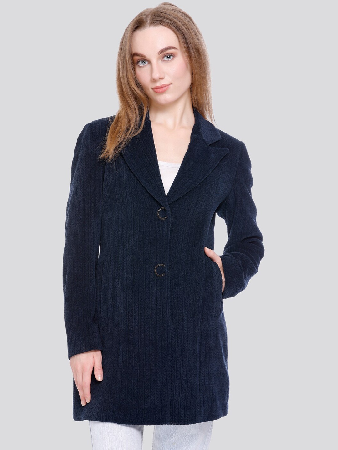 

C-Aerin Self-Design Notched Lapel Collar Slim Fit Single-Breasted Overcoat, Navy blue