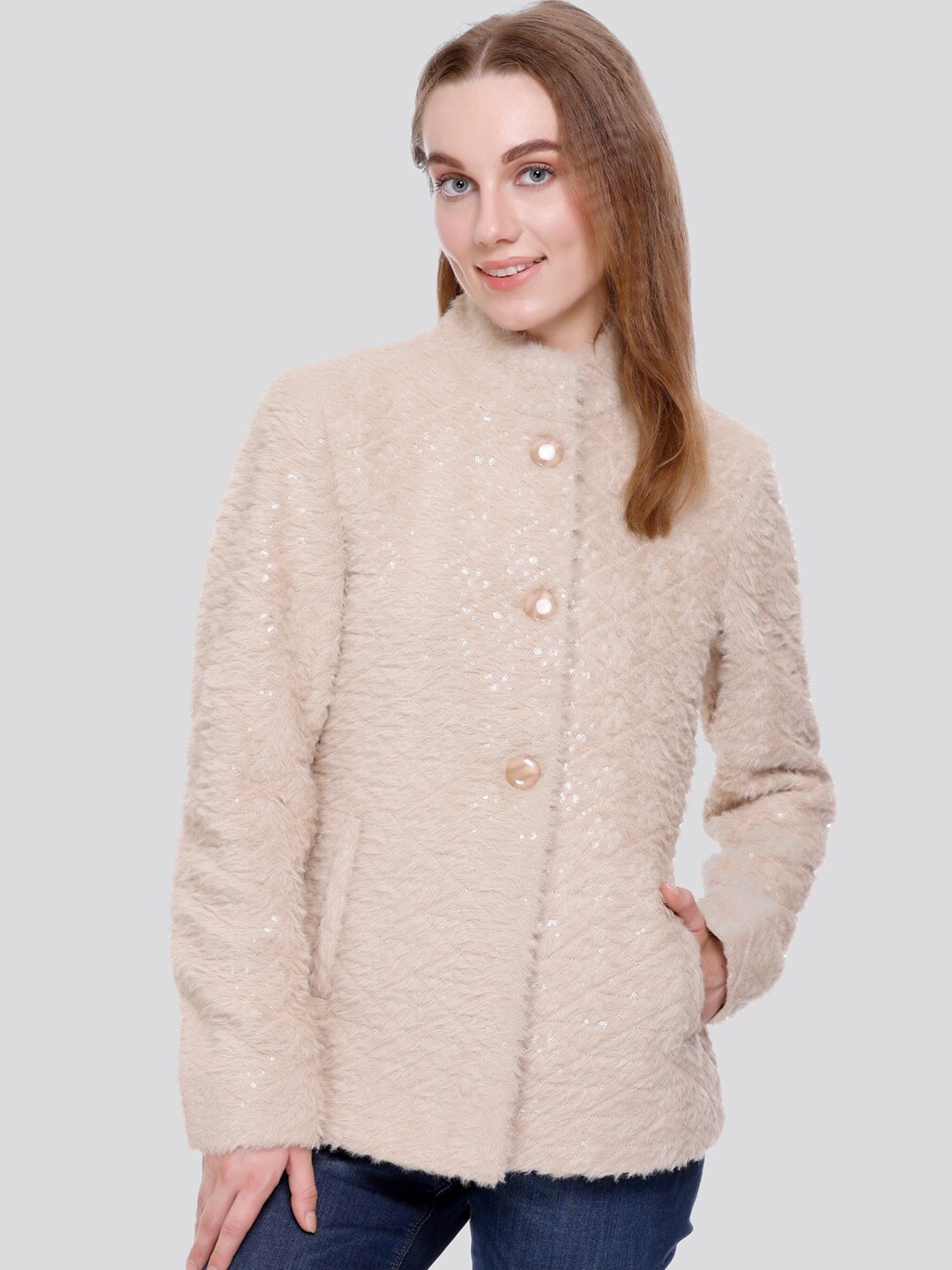 

C-Aerin Self Design Single-Breasted Winter Wear Overcoat, Beige