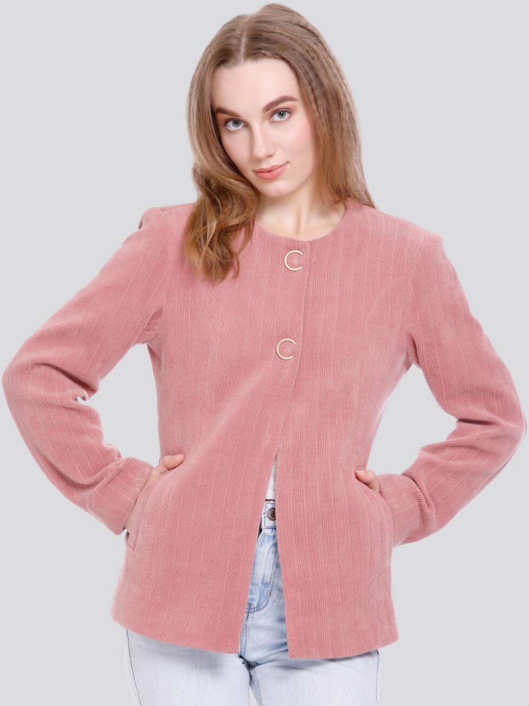 

C-Aerin Self Design Single Breasted Stylish Buttoned Winter Coats, Pink