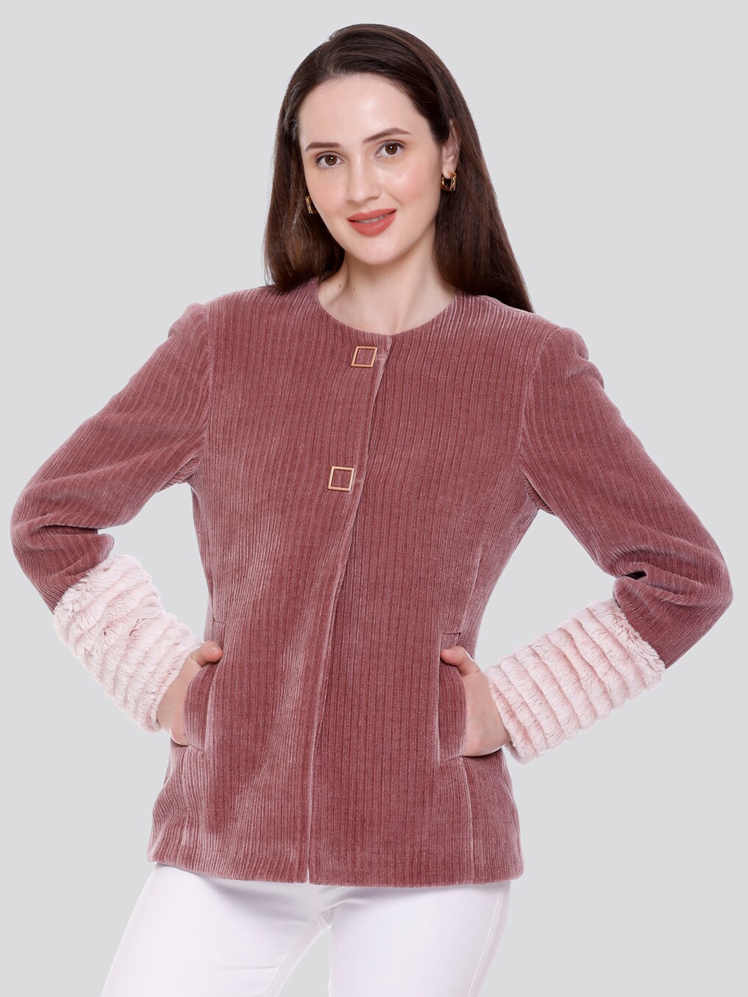 

C-Aerin Self Design Single Breasted Stylish Buttoned Winter Coats, Pink