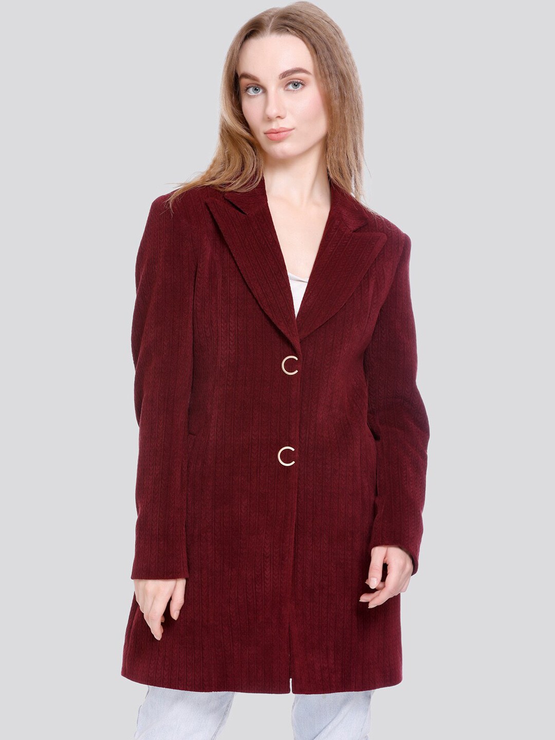 

C-Aerin Self-Design Notched Lapel Collar Regular Fit Trench Coat, Maroon