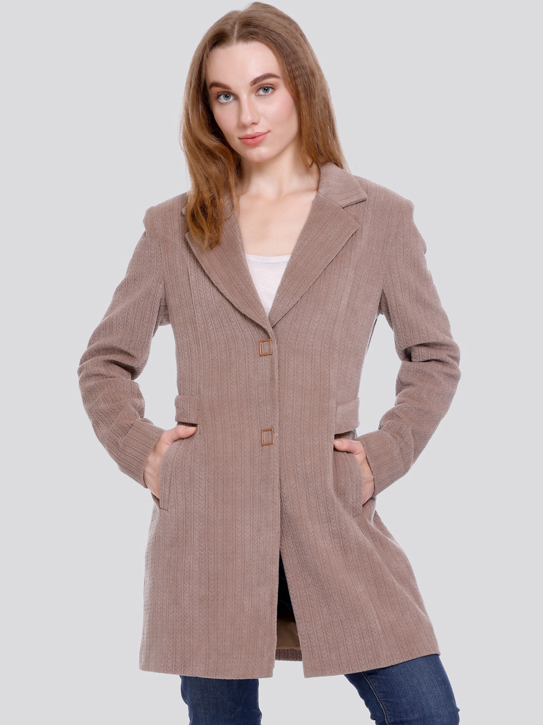 

C-Aerin Self Design Single Breasted Winter Overcoat, Brown