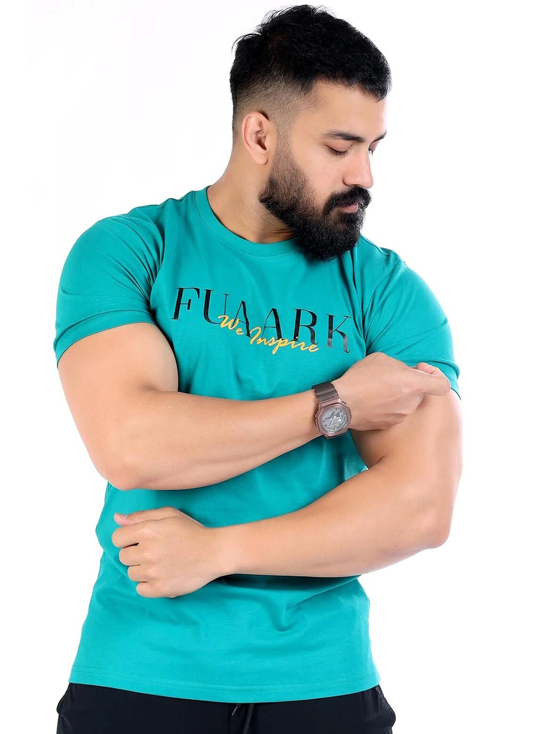 

FUAARK Typography Printed Anti Odour Slim Fit Cotton T-shirt, Turquoise blue