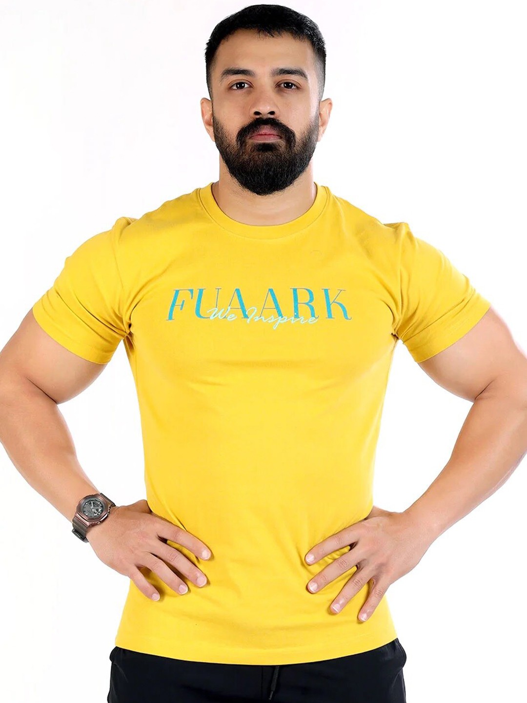 

FUAARK Typography Printed Anti Odour Slim Fit Cotton T-shirt, Yellow