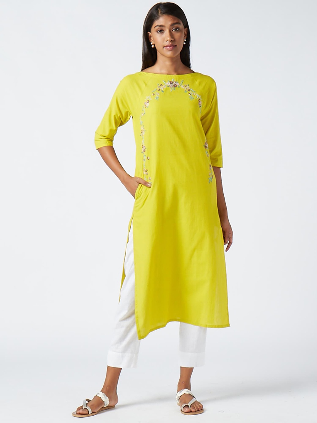 

OKHAI Floral Embroidered Thread Work Cotton Straight Kurta, Yellow