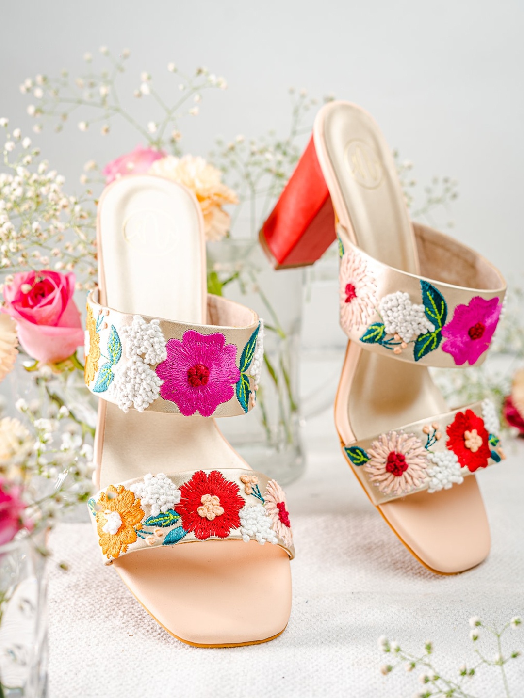 

NR By Nidhi Rathi Ethnic Floral Embellished Block Heels, Cream