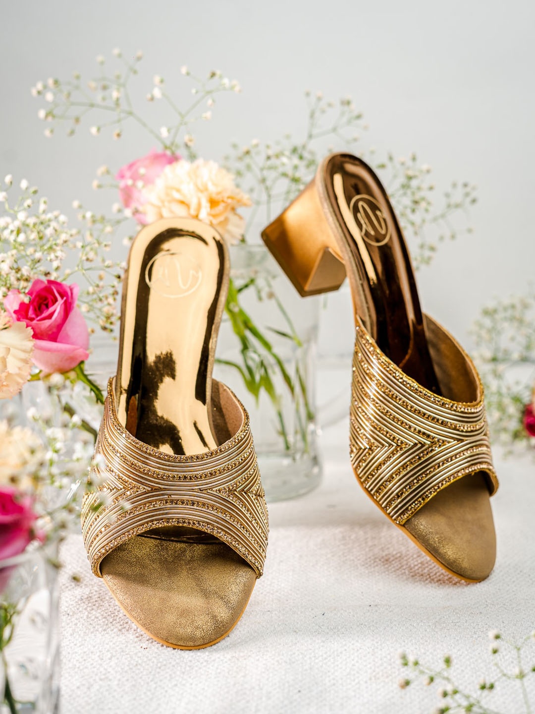 

NR By Nidhi Rathi Ethnic Embellished Block Heels, Gold