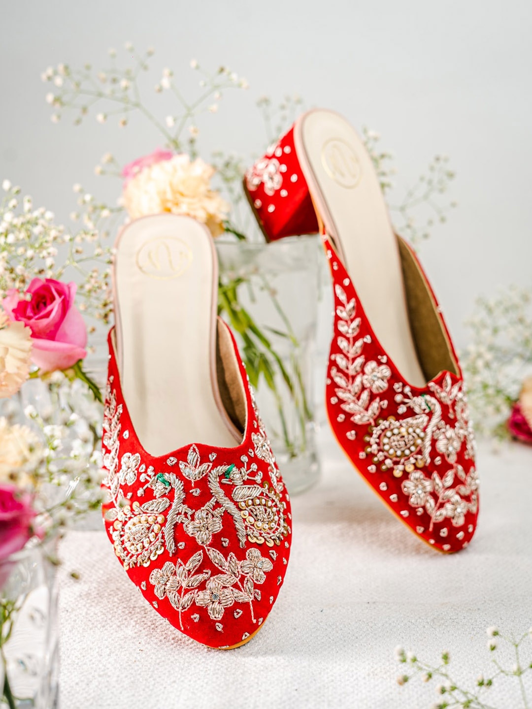 

NR By Nidhi Rathi Embellished Velvet Pointed Toe Block Mules, Red