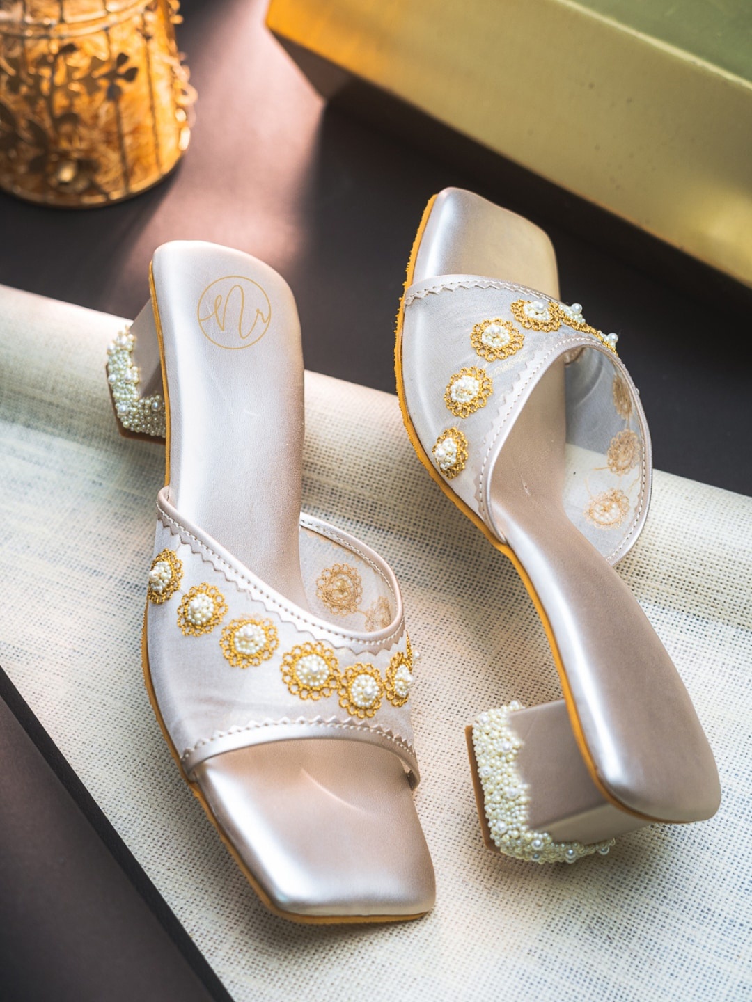 

NR By Nidhi Rathi Square Toe Block Heels With Embellished, Champagne