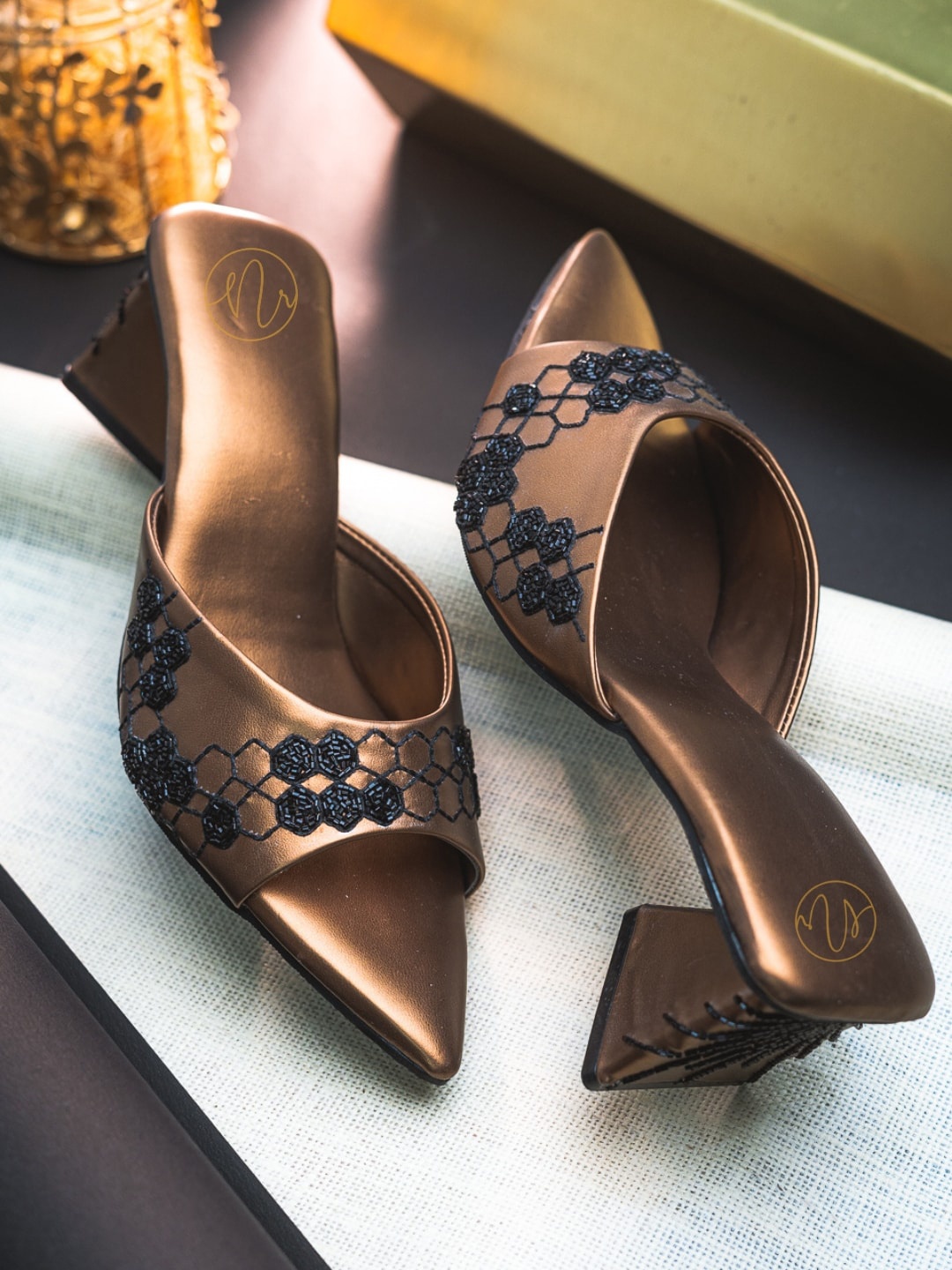 

NR By Nidhi Rathi Printed Block Heels With Embellished, Copper