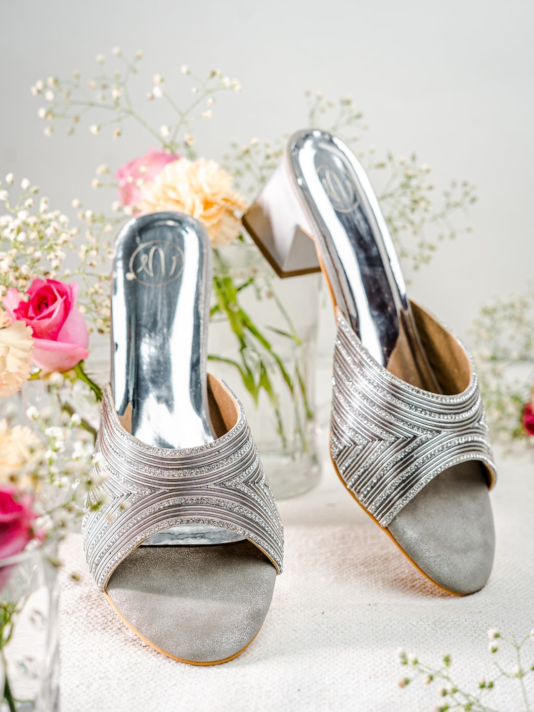 

NR By Nidhi Rathi Embellished Pointed Toe Block Mules, Silver