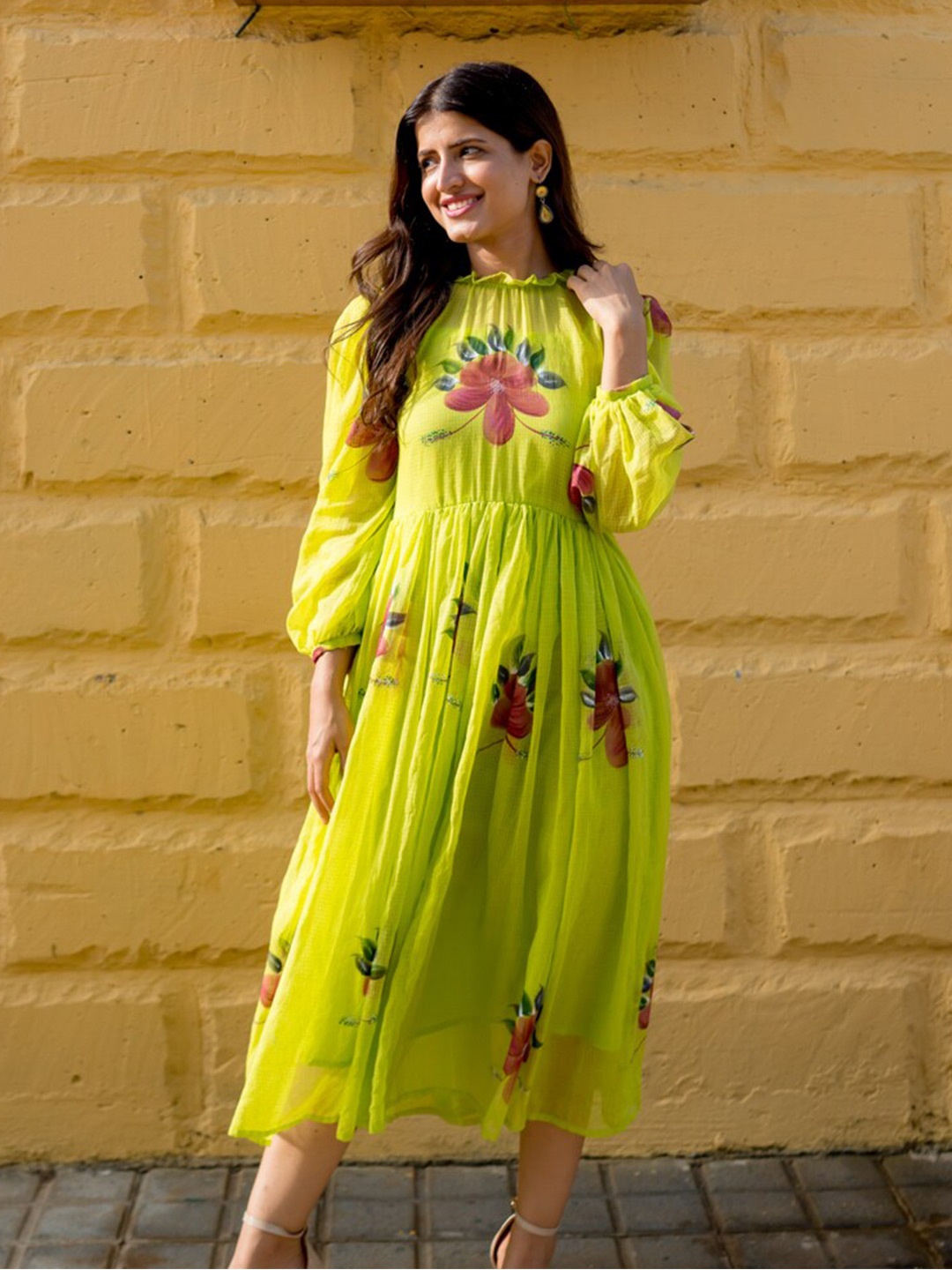 

Ambraee Floral Print Puff Sleeves Fit and Flare Dress, Green