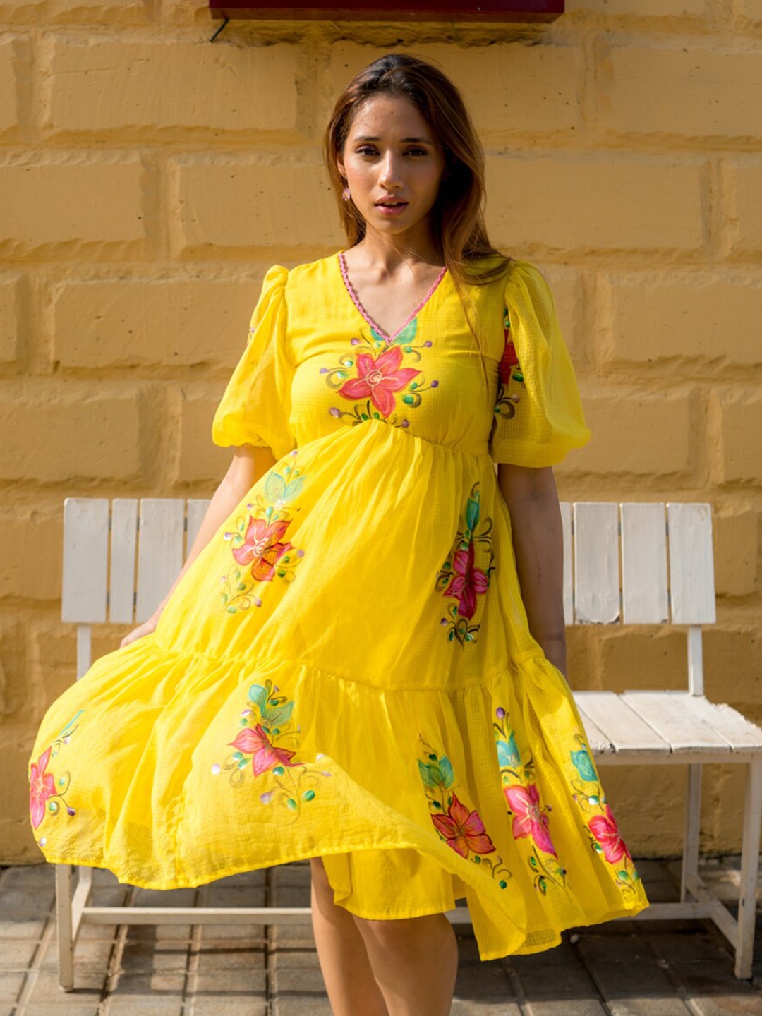 

Ambraee Floral Printed V-Neck Puff Sleeves Gathered Tiered Cotton Empire Midi Dress, Yellow