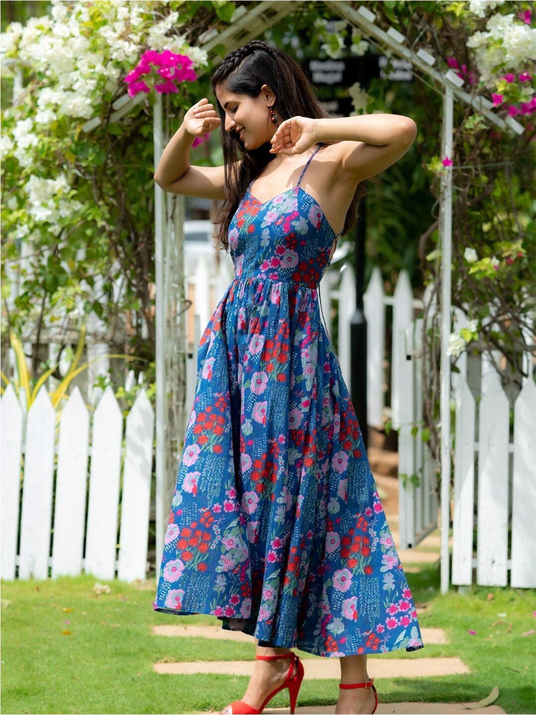 

Ambraee Floral Printed Shoulder Straps Cotton Fit & Flare Dress, Blue