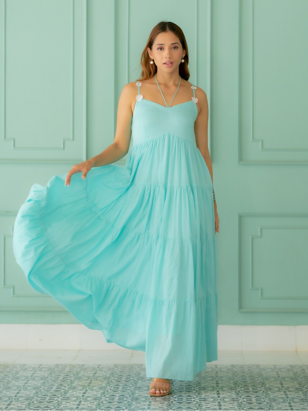 

Ambraee Shoulder Strap Tiered Gathered Cotton Maxi Dress, Blue