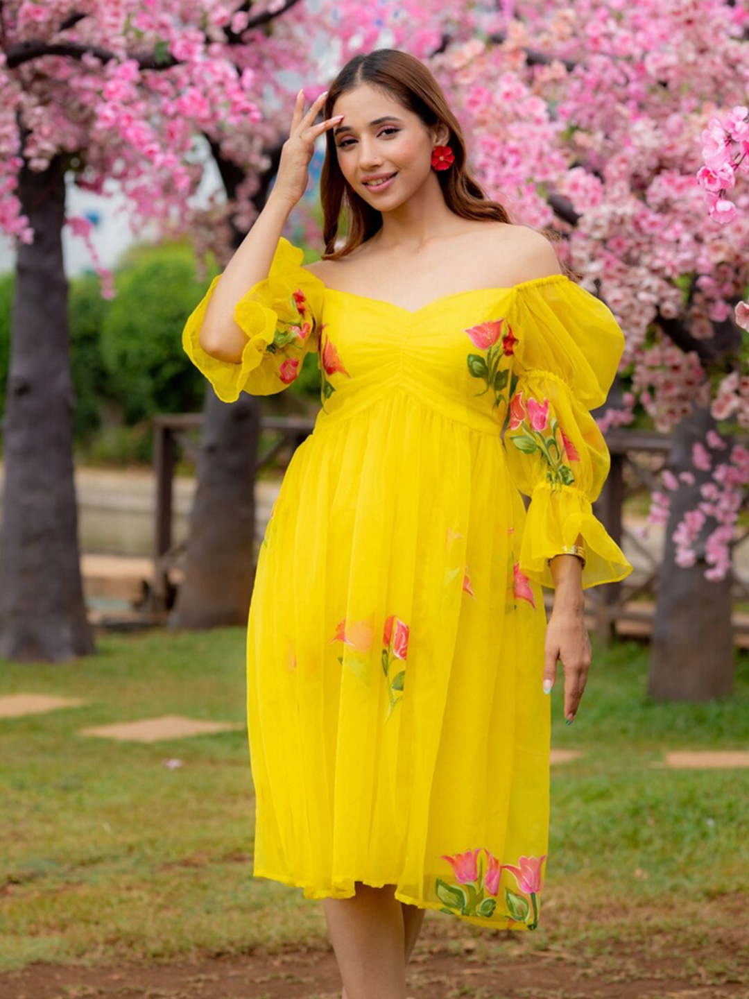 

Ambraee Floral Printed Off-Shoulder Puff Sleeves Gathered Empire Dress, Yellow