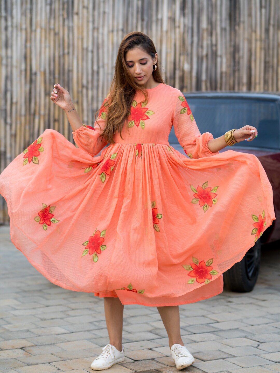 

Ambraee Floral Printed Puff Sleeves Gathered Cotton Fit & Flare Midi Dress, Peach