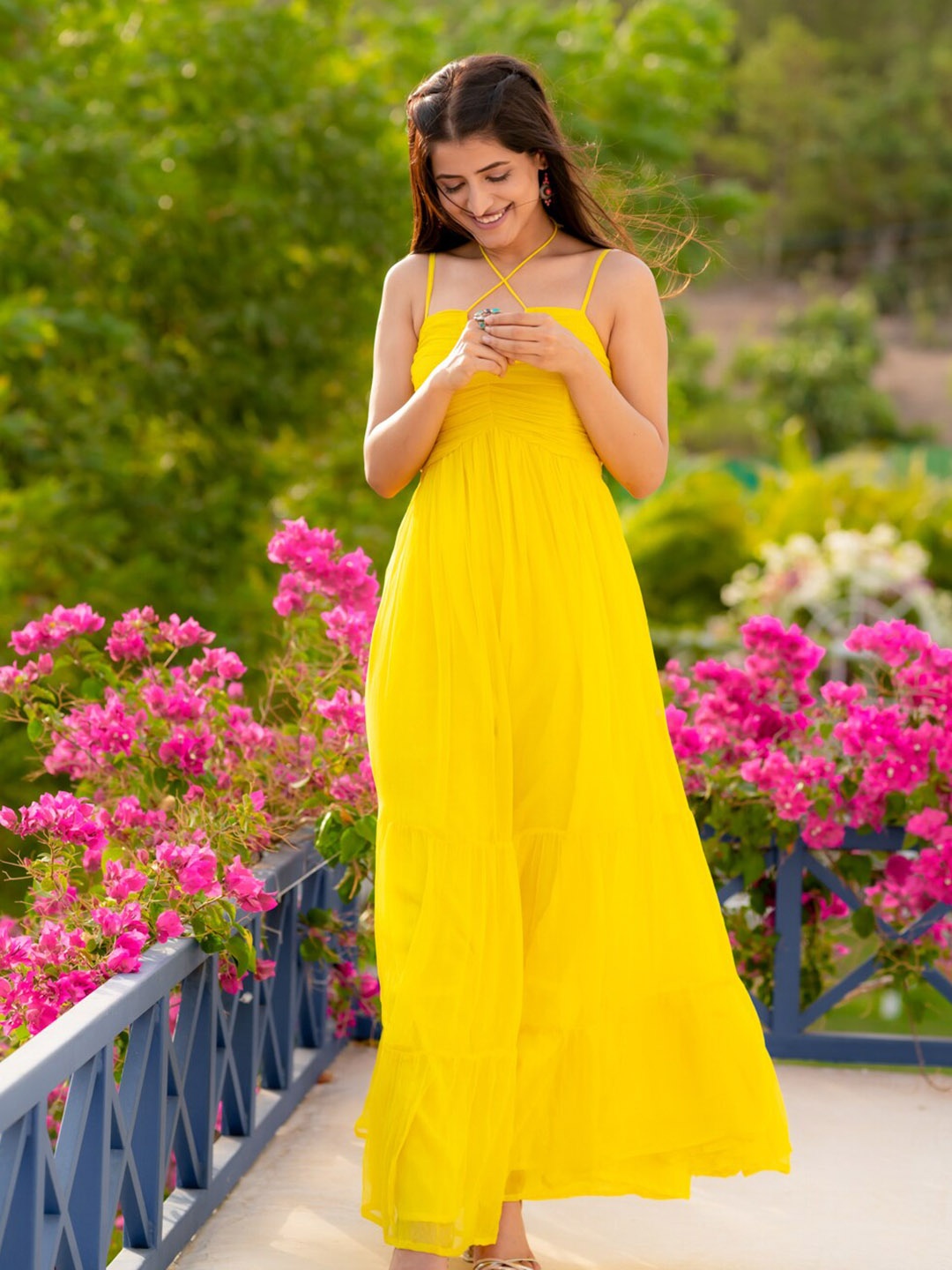 

Ambraee Shoulder Straps Smocked Detail Tiered Maxi Dress, Yellow