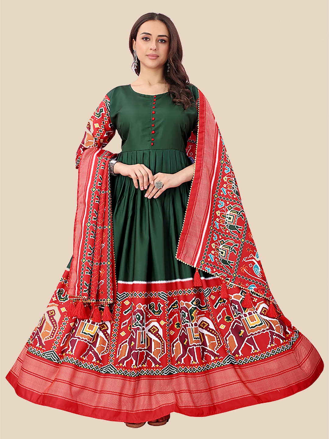 

N N ENTERPRISE Ethnic Motifs Printed Fit and Flare Maxi Ethnic Dress With Dupatta, Green