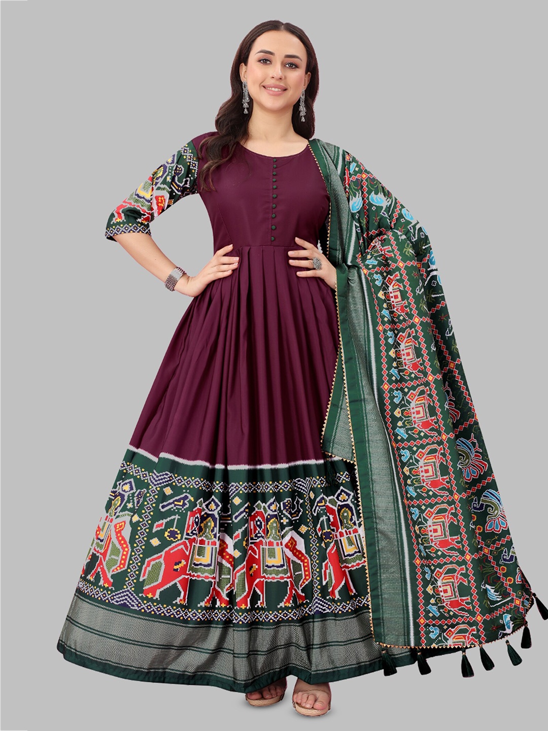

N N ENTERPRISE Patola Printed Long Flared Gown With Gotapatti Dupatta, Purple