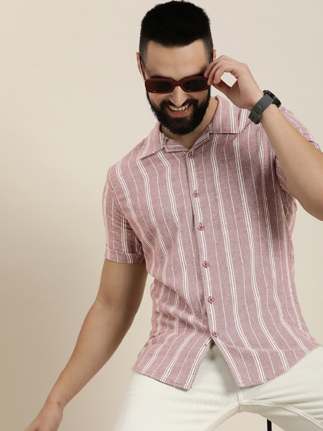 

HERE&NOW Men Slim Fit Opaque Striped Casual Shirt, Mauve