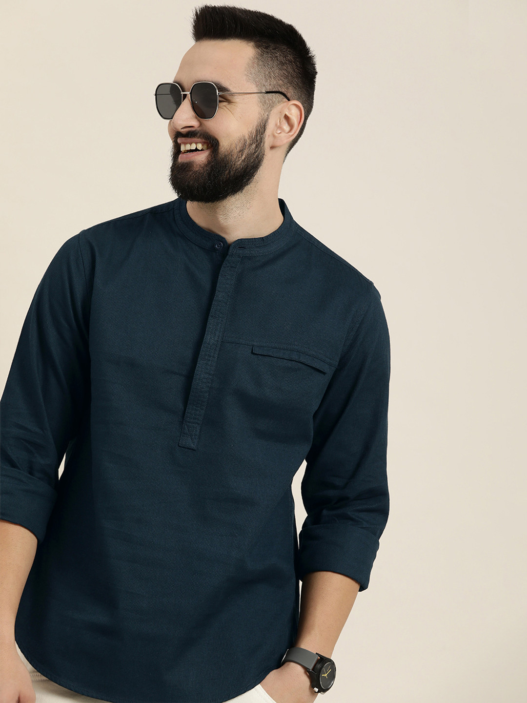 

HERE&NOW Men Solid Cotton Kurta, Navy blue