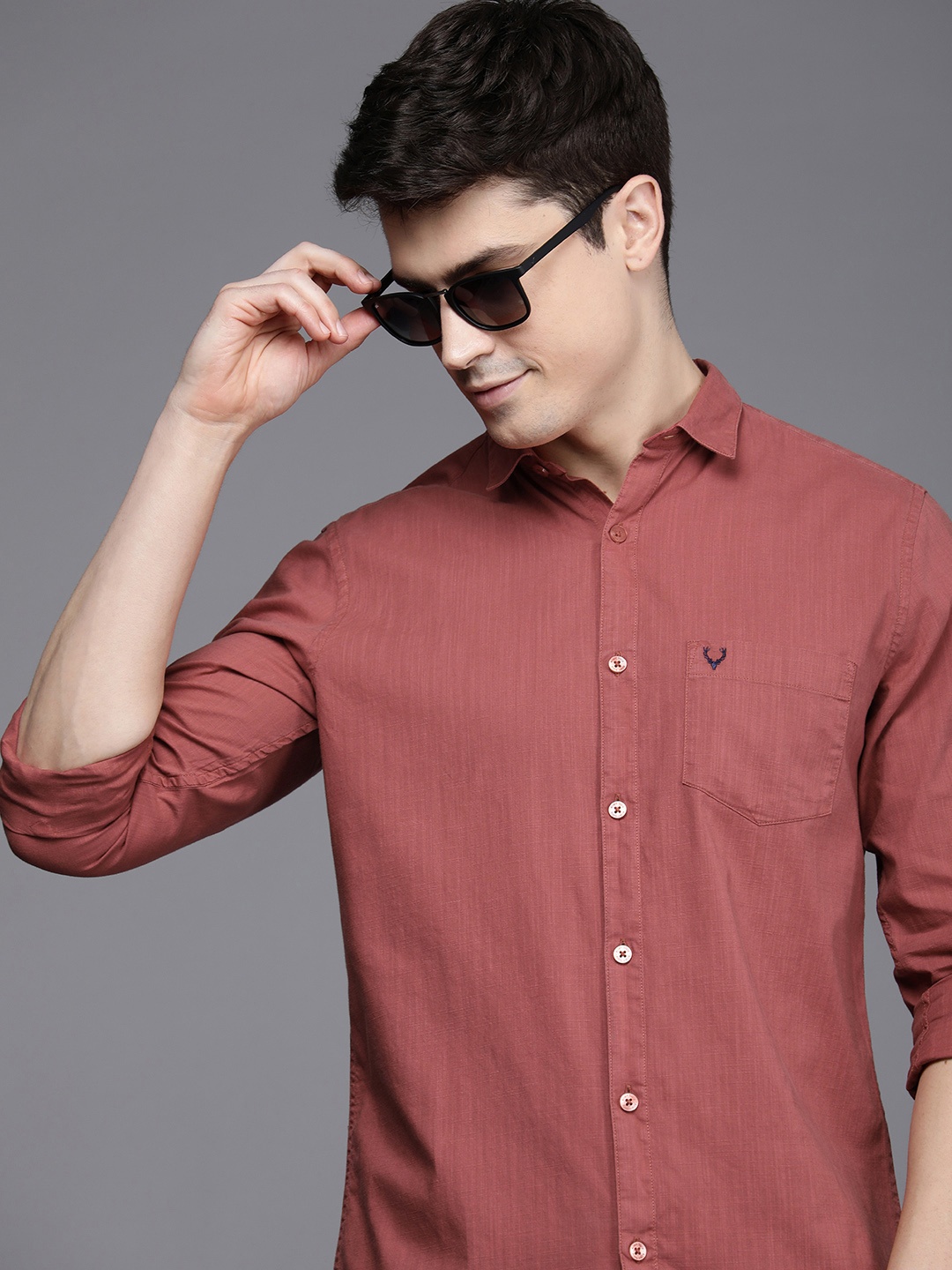 

Allen Solly Pure Cotton Self Design Textured Modern Slim Fit Casual Shirt, Rust