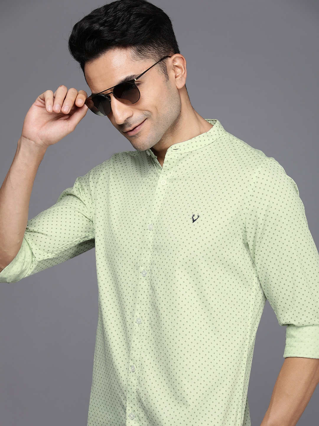 

Allen Solly Pure Cotton Micro Ditsy Printed Band Collar Casual Modern Slim Fit Shirt, Green