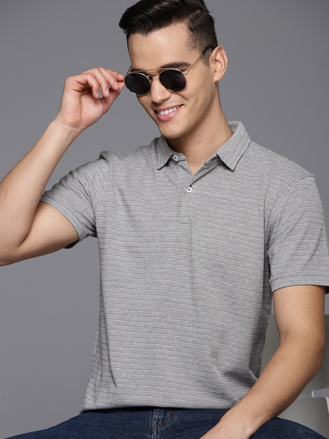 

Allen Solly Self-Striped Polo Collar Pure Cotton T-shirt, Grey