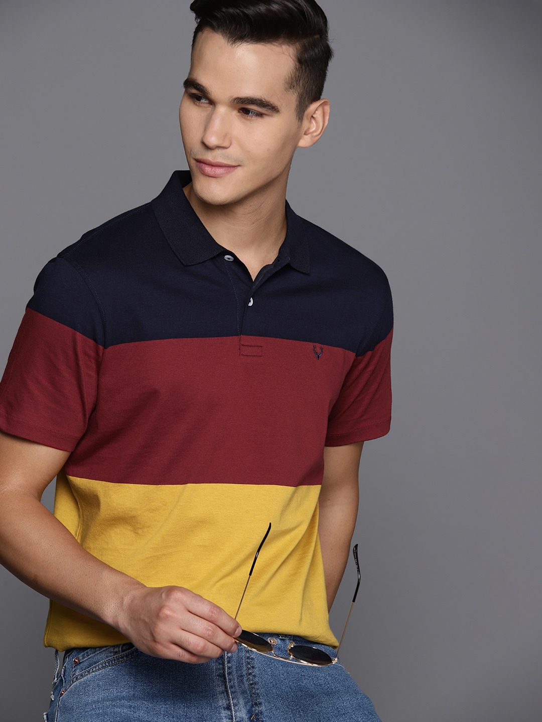 

Allen Solly Colourblocked Polo Collar Pure Cotton T-shirt, Navy blue