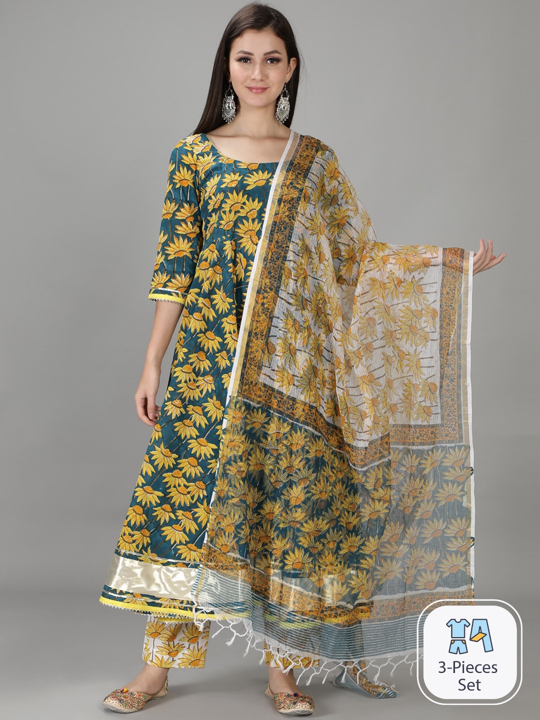 

Sajke Floral Printed Pure Cotton Anarkali Kurta With Palazzos & Dupatta, Yellow
