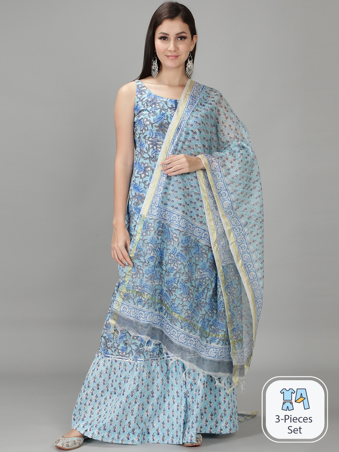 

Sajke Ethnic Motifs Printed Pure Cotton Straight Kurti with Sharara & Dupatta, Blue