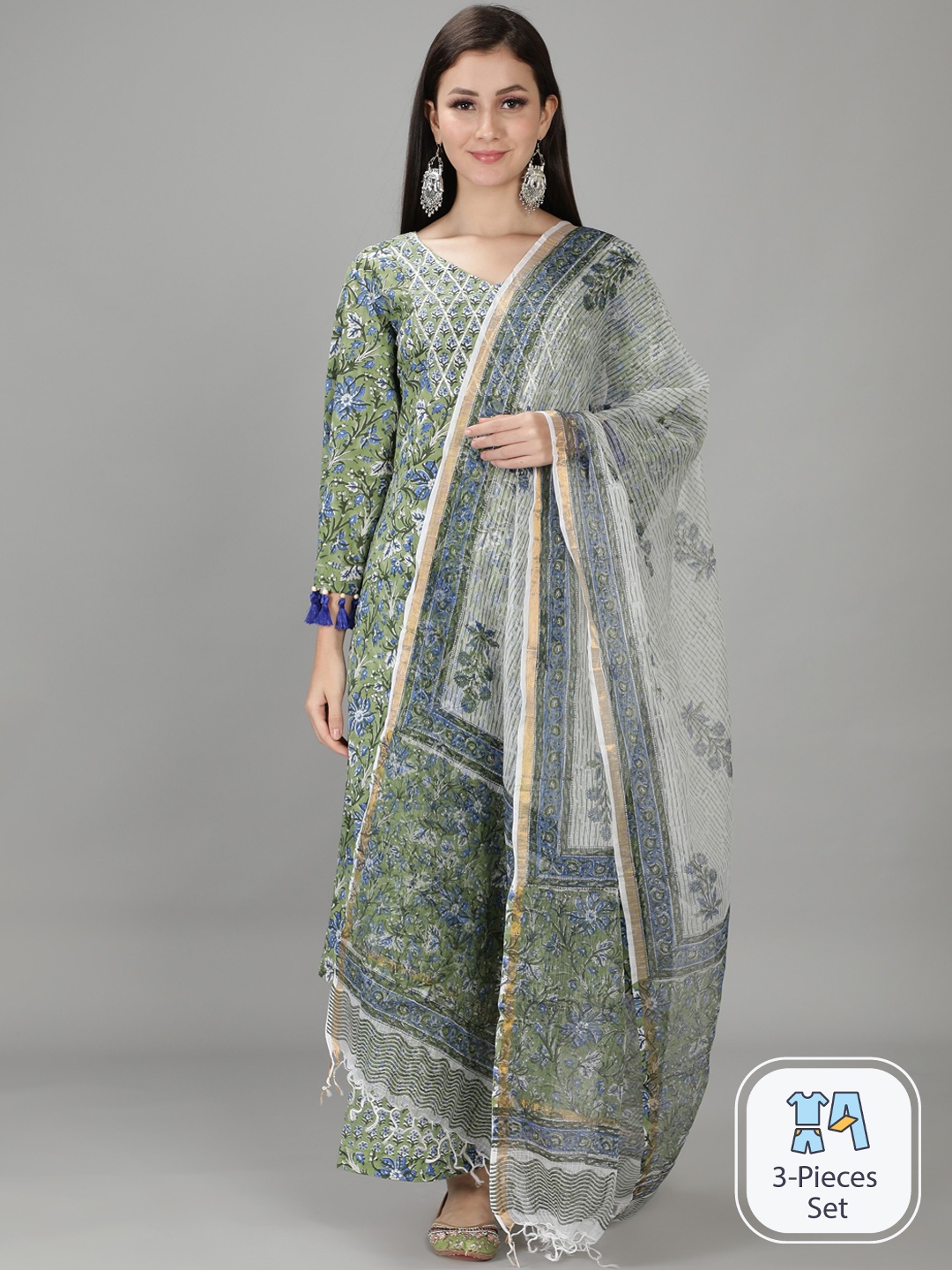 

Sajke Floral Printed Pure Cotton Anarkali Kurta With Palazzos & Dupatta, Green