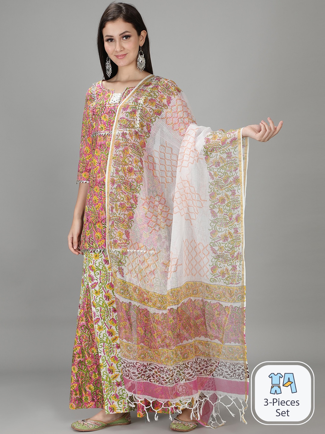 

Sajke Ethnic Motifs Printed Pure Cotton Straight Kurti with Sharara & Dupatta, Green