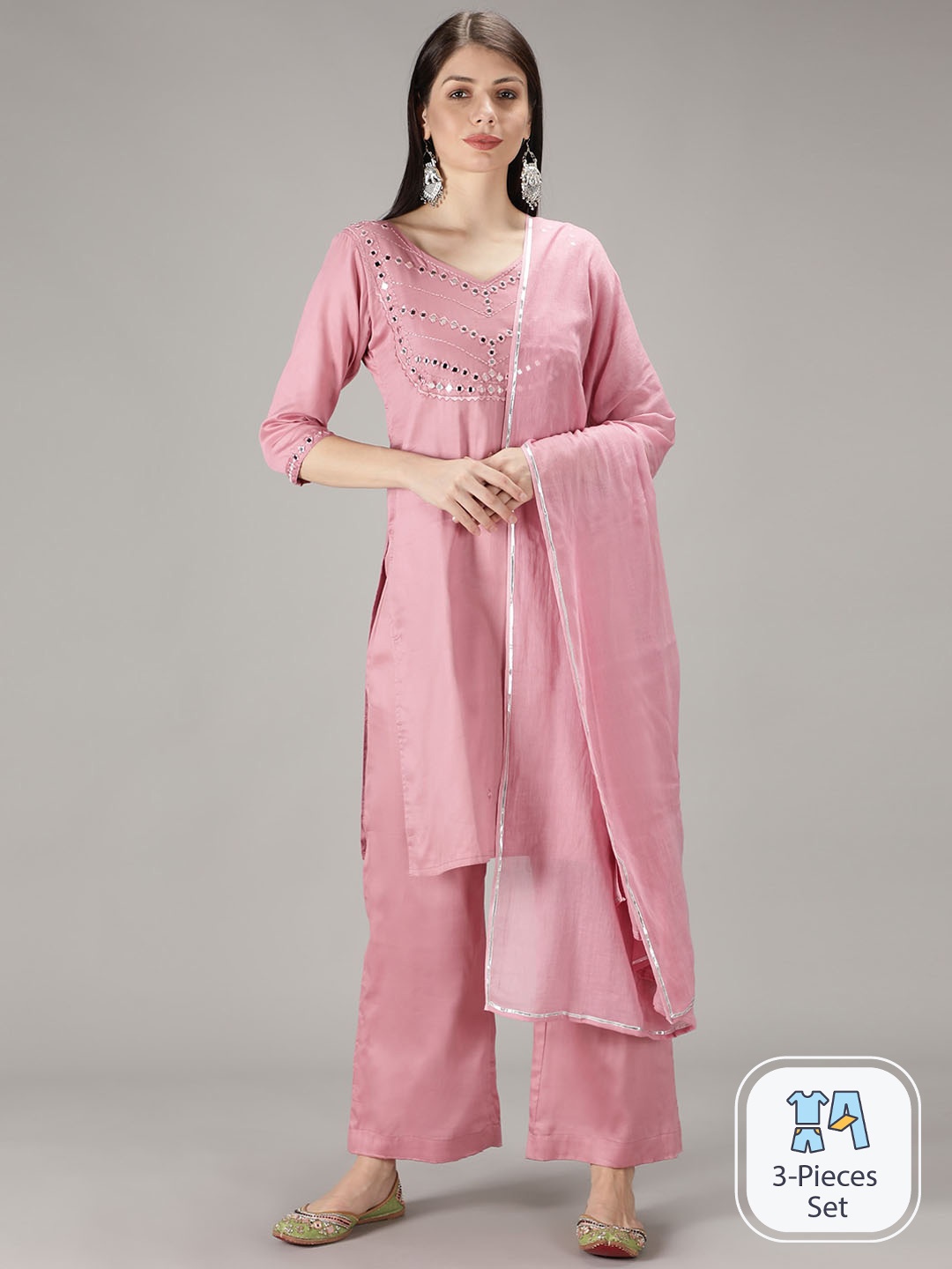 

Sajke Yoke or Border Design Mirror Work Pure Cotton Straight Kurta with Palazzos & Dupatta, Pink