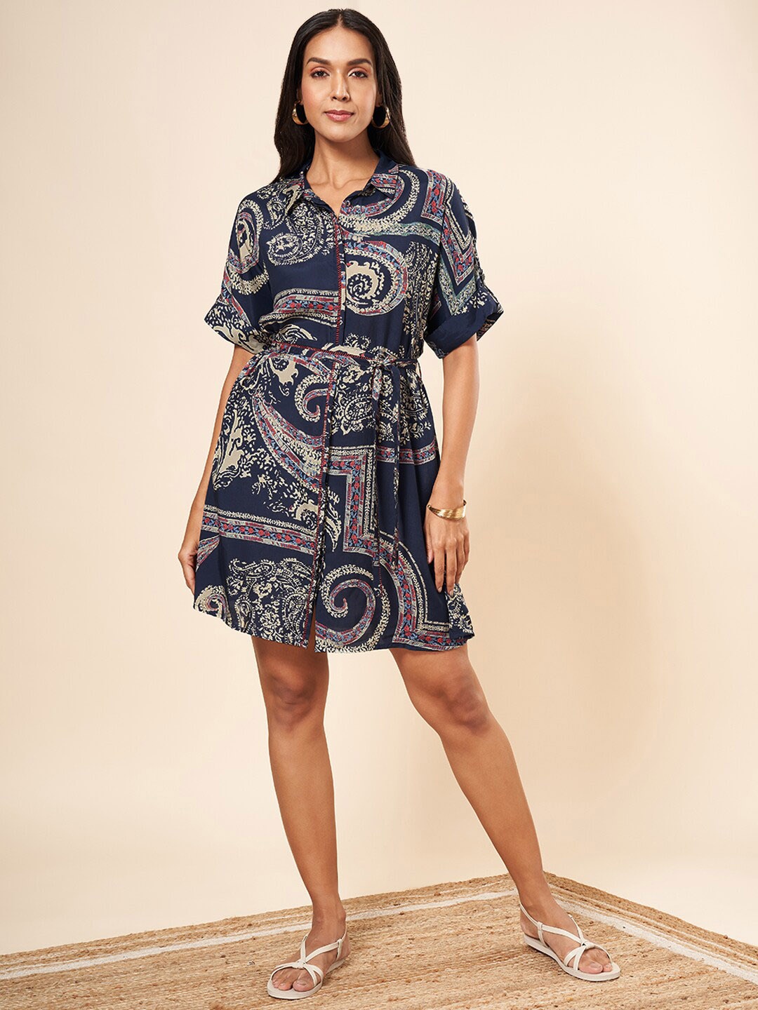 

Marigold Lane Ethnic Motifs Printed Extended Sleeves Gathered Shirt Dress, Navy blue