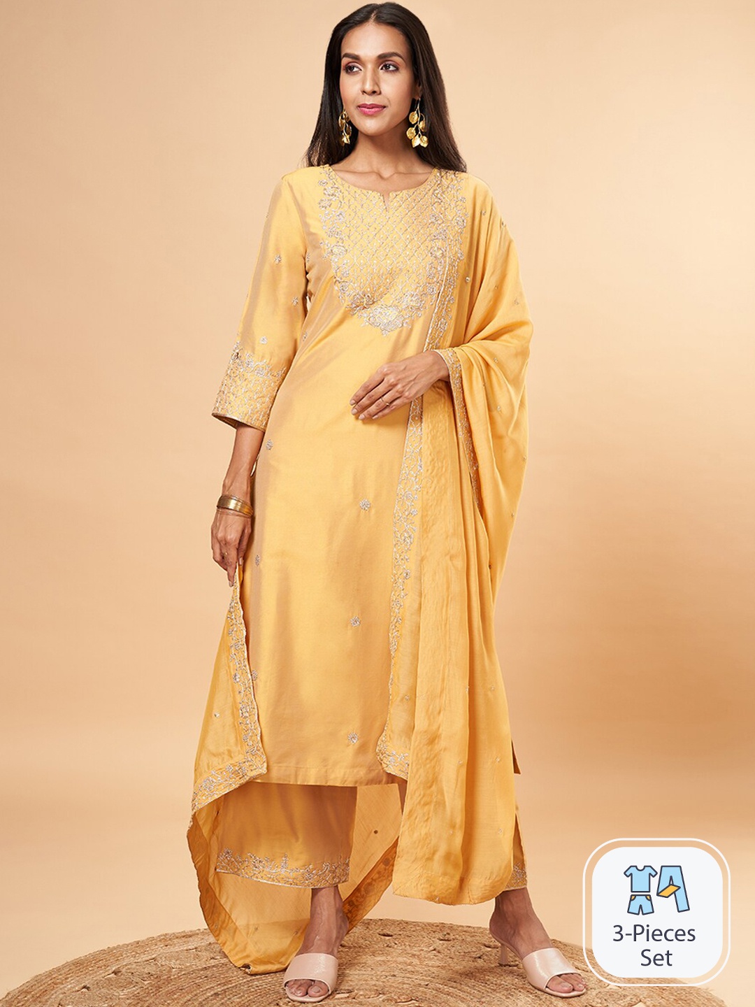 

Marigold Lane Ethnic Motifs Sequinned Embroidered Regular Kurta With Trousers & Dupatta, Mustard