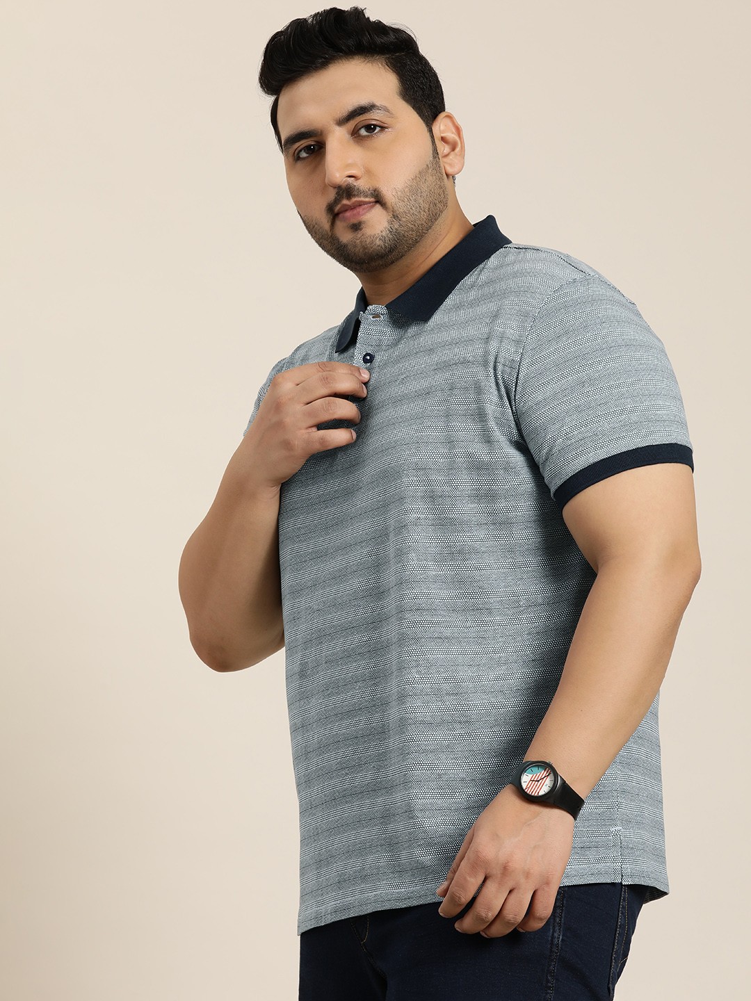 

Sztori Men Plus Size Striped Polo Collar T-shirt, Blue