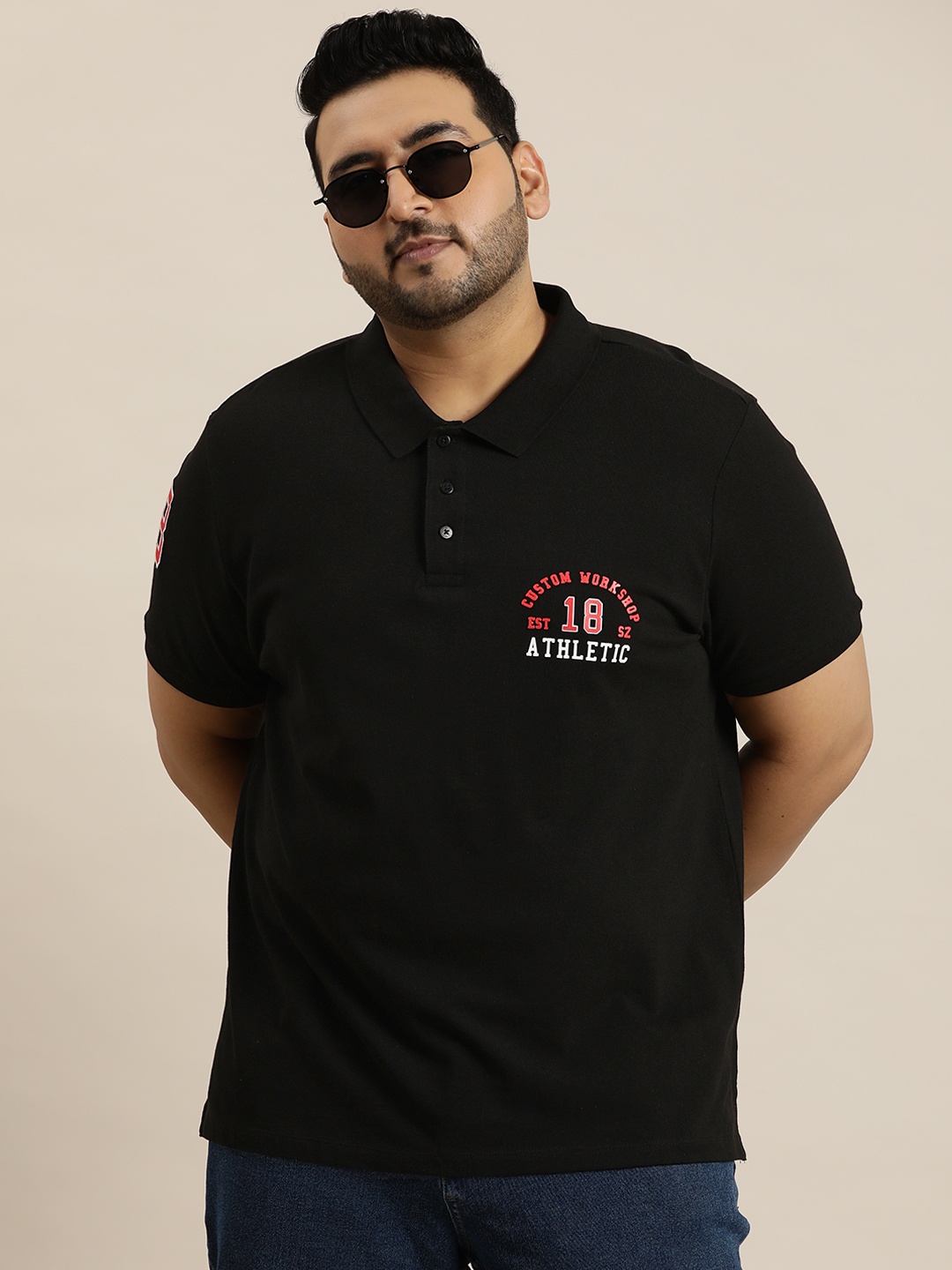 

Sztori Men Plus Size Typography Printed Polo Collar T-shirt, Black