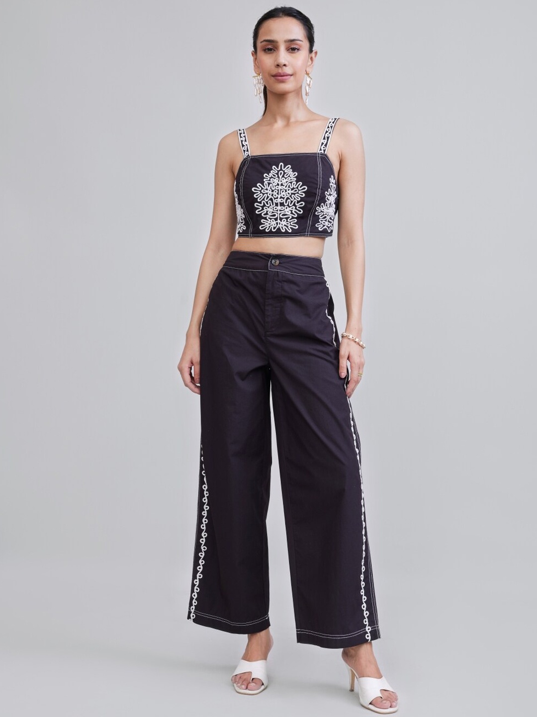 

Style Island Women Embroidered Side Panel Straight Fit Parallel Trouser, Black