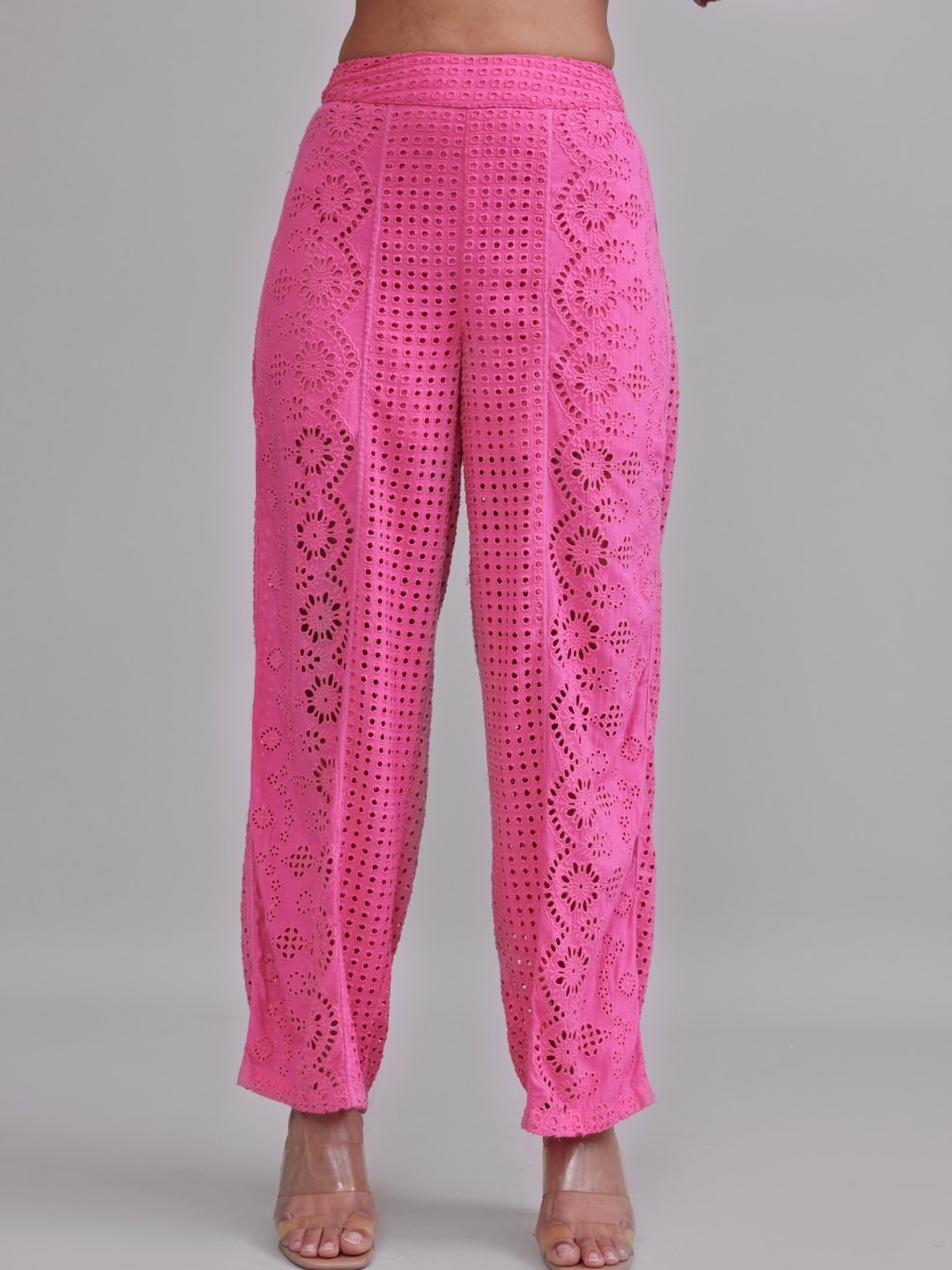 

Style Island Women Ethnic Motifs Self Design Straight Fit High-Rise Trousers, Pink