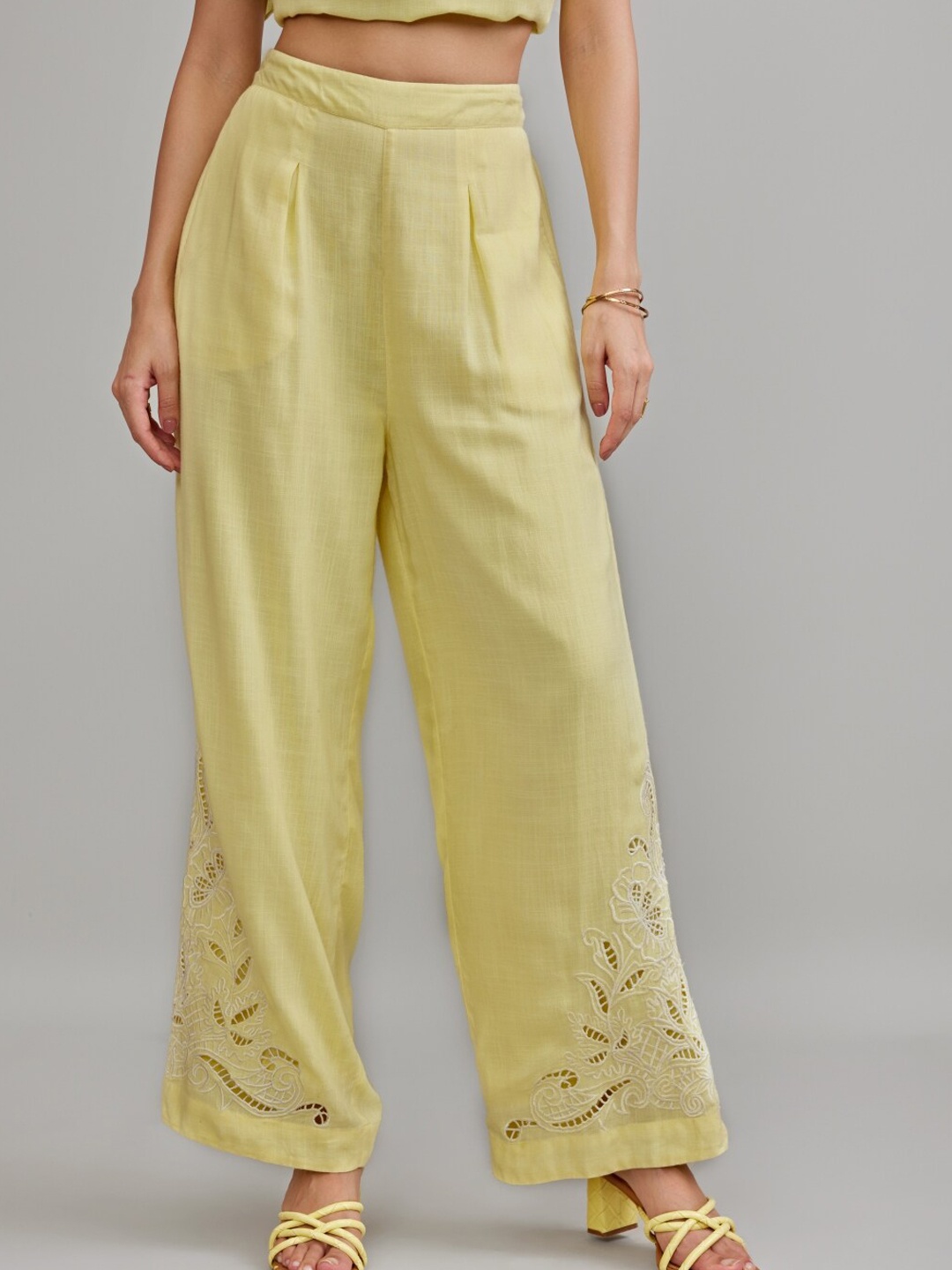 

Style Island Women Self Design Straight Fit Cotton Parallel Trousers, Yellow